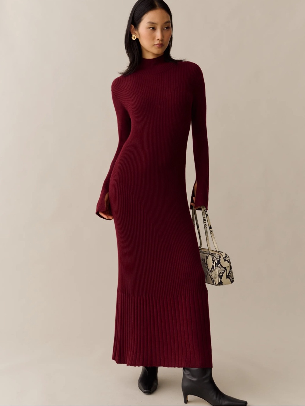 Caara Charlotte Knit Maxi Long Sleeve Mockneck Dress Mulberry Size S New